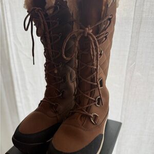 BearPaw Women's Tall Lace-Up Winter Boots in Brown with Black Accents